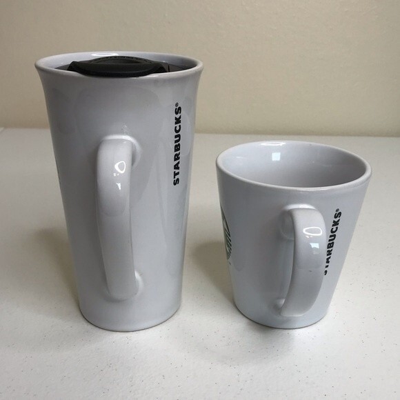 Starbucks Pair Mermaid Siren Logo Ceramic Coffee Cups 12 Oz Lid Travel 11 Oz Mug - Picture 4 of 11